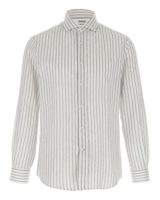 Brunello Cucinelli White Striped Canvas Shirt for men