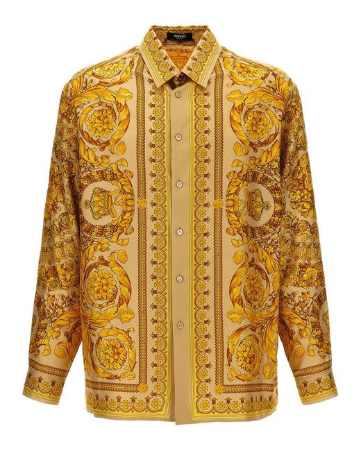 Camicia in seta a stampa Barocco di Versace in Yellow da Uomo