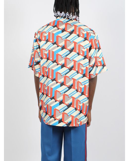 Pixel print silk shirt di Gucci in Red da Uomo