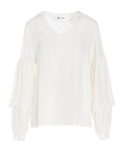 DI.LA3 PARI' White Puff-sleeve Silk Shirt Shirt And Blouse