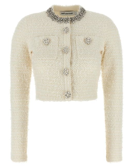 Self-Portrait Natural Cotton Blend Cardigan With Rhinestones