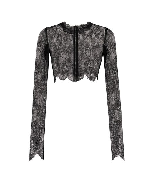 Dolce & Gabbana Black Long-Sleeved Chantilly Lace Crop Top