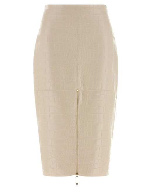 Elisabetta Franchi Natural Croc Print Leather-Effect Longuette Midi Skirt