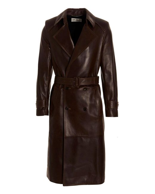 Saint Laurent Brown Double-breasted Leather Trench Coat Coats, Trench Coats for men