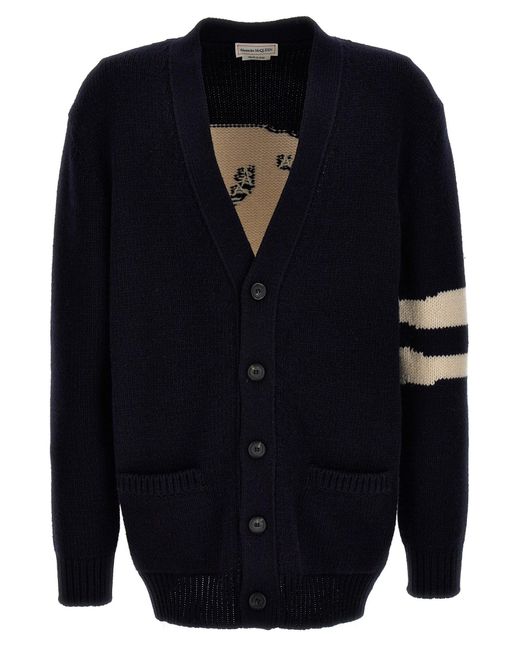 Alexander McQueen Blue Intarsia Wool And Cashmere-blend Cardigan for men