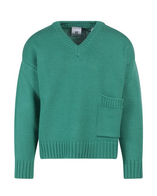 PT Torino Green Wool Sweater With Ribbed Profiles for men