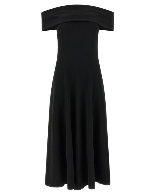 Alberta Ferretti Black Slightly Stretch Cady Midi Dress With Off-The-Shoulder Neckline