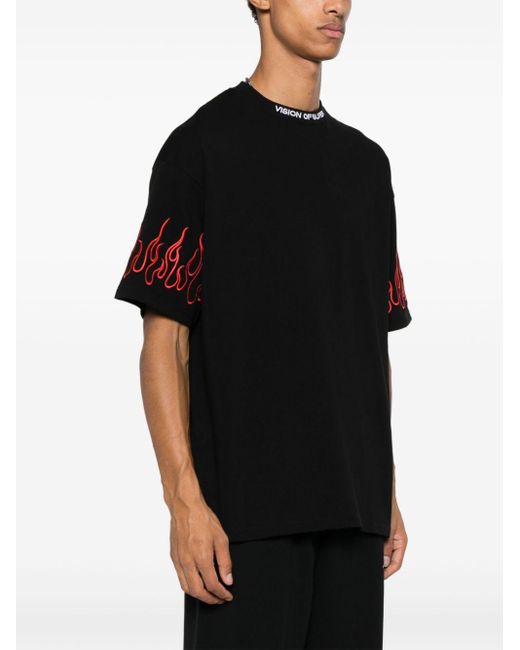 Vision Of Super Black Tshirt With Embroidered Flames for men