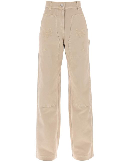 Palm Angels Natural 'gd Bull' Cargo Pants With Embroidered Palm Trees