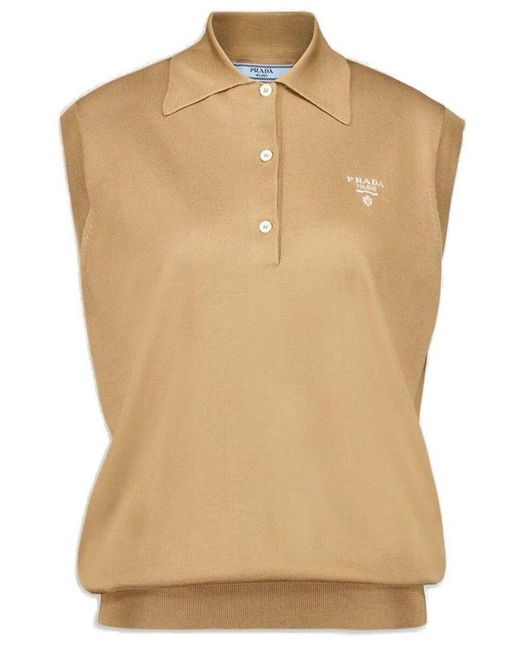 Prada Natural Sleeveless Knitted Polo Shirt