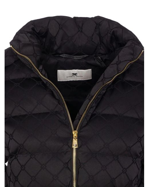 Elisabetta Franchi Black Jacquard Sail Fabric Down Jacket With Belt