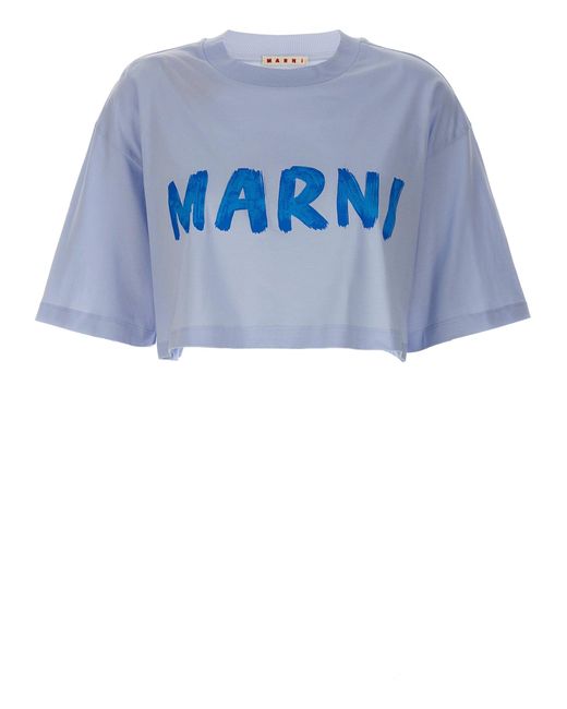 Logo Print Cropped T Shirt Celeste di Marni in Blue