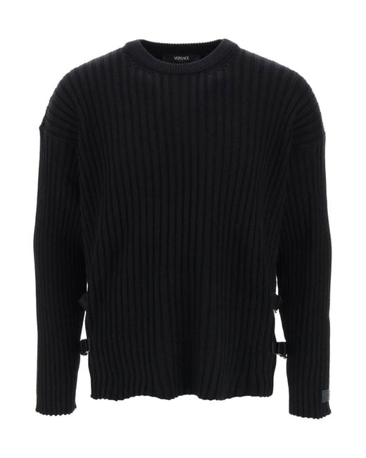 Versace Black Ribbed Knit Sweater With Leather Straps for men