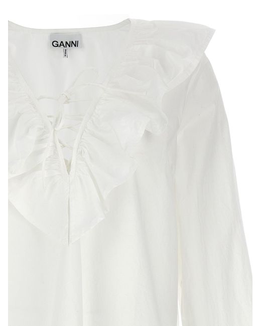 Ganni White Ruffles Shirt Shirt, Blouse