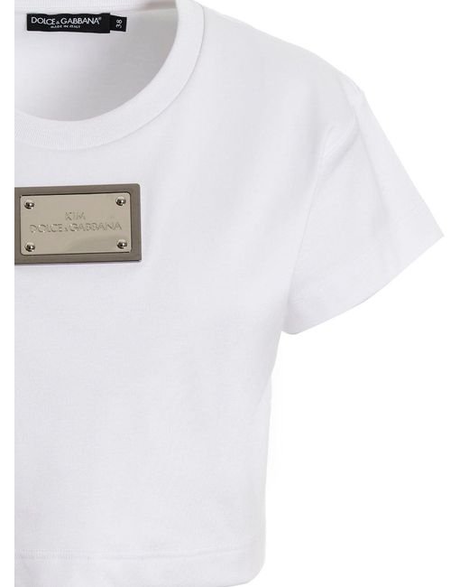 KIM DOLCE&GABBANA T-shirt cropped con placca "KIM Dolce&Gabbana" di Dolce & Gabbana in White