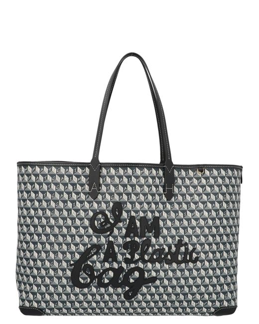 Anya Hindmarch Black Net Sustain I Am A Plastic Bag Large Leather-trimmed Printed Coated-canvas Tote