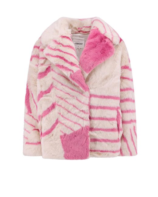 Jakke Pink Faux Fur Jacket With Striped Motif
