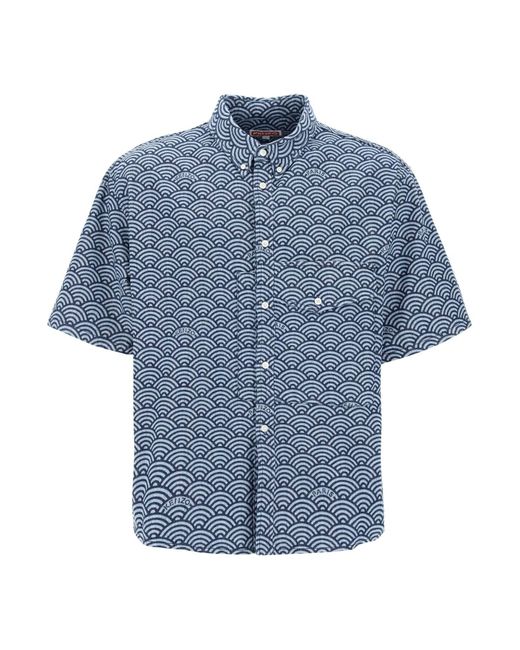KENZO Blue Seigaiha Short Sleeved Denim Shirt for men