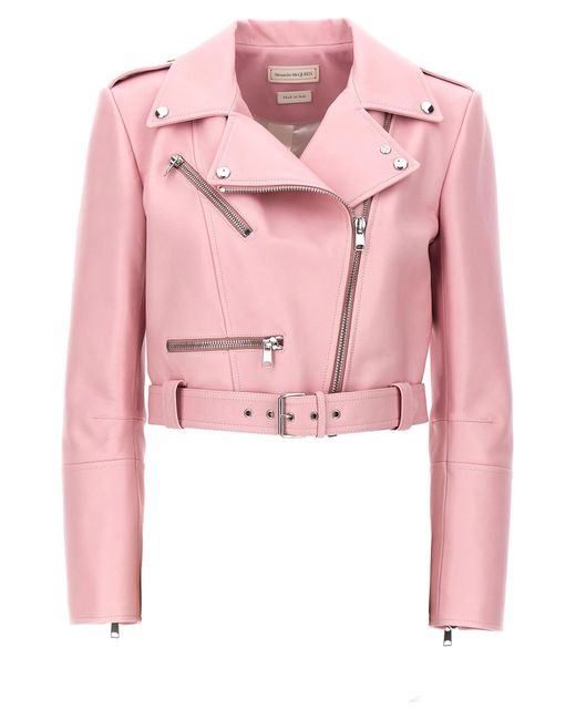 Alexander McQueen Pink Notched-collar Cropped Leather Jacket