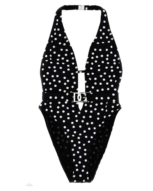 Logo Polka Dot One-Piece Swimsuit Beachwear Bianco/Nero di Dolce & Gabbana in Black
