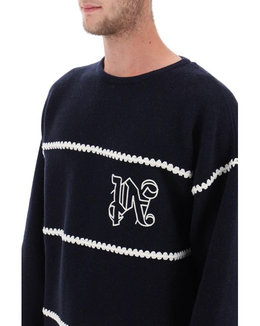 Palm Angels Blue Embroidered Jacquard Sweater for men