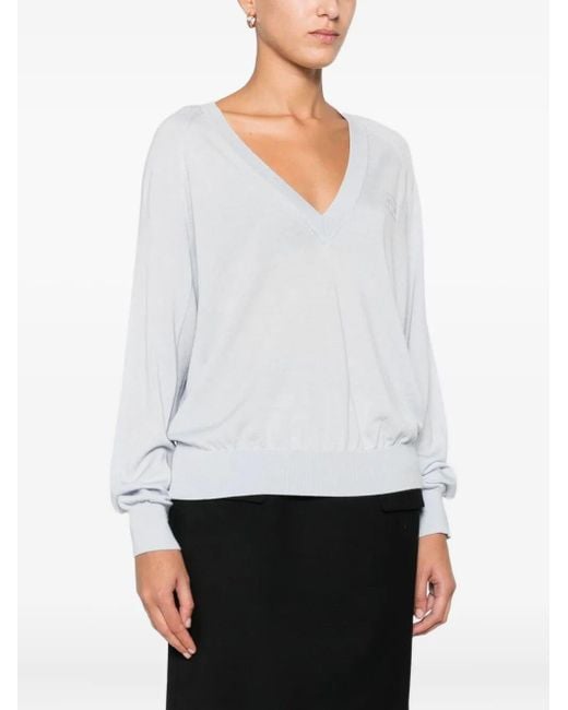 Elisabetta Franchi White Wool Blend Tricot V-Neck Sweater