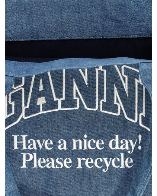 Ganni Blue Logo Embroidery Denim Shopping Bag Tote Bag