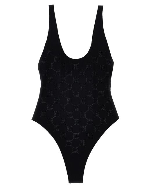 Rhinestone Logo One-Piece Swimsuit Beachwear Nero di Elisabetta Franchi in Black