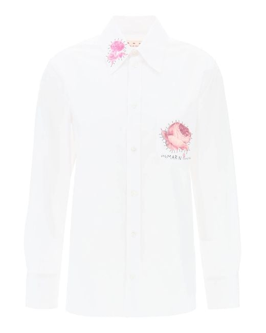 Marni White "Shirt With Flower Print Patch And Embroidered Logo