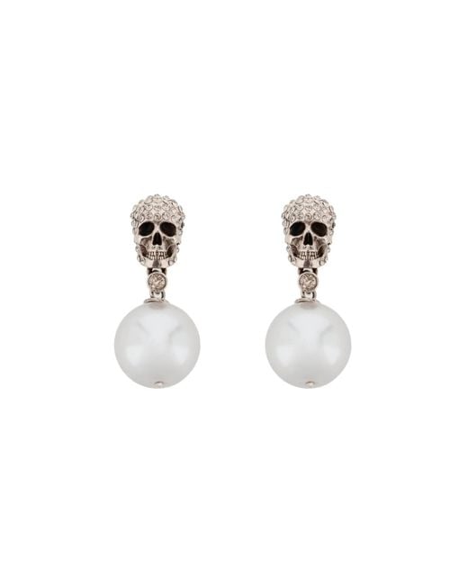 Alexander McQueen Metallic Pearl Skull Earrings With Crystal Pavé