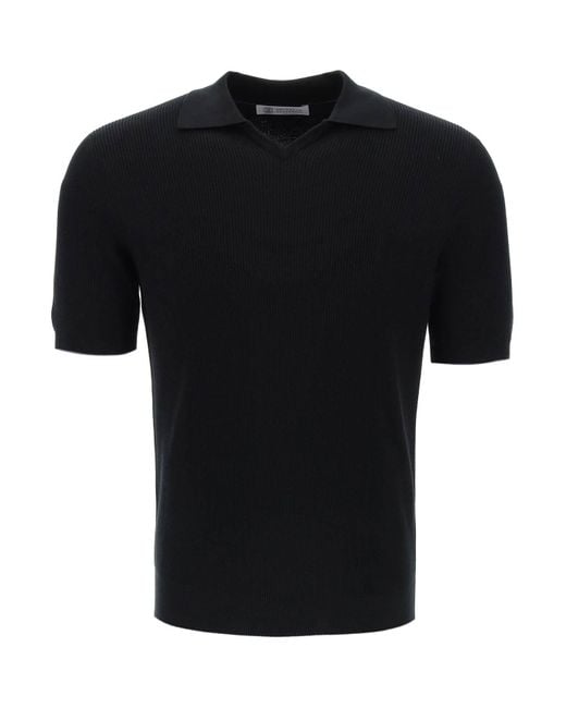 Brunello Cucinelli Black Cotton Knit Polo Shirt for men