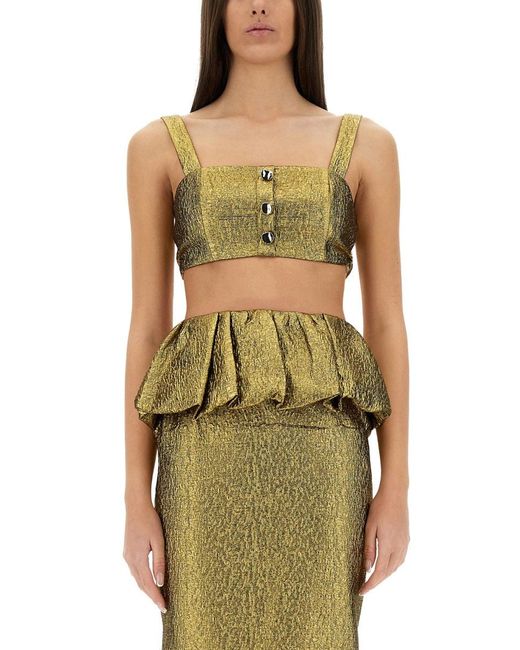 Self-Portrait Green Metallic Jacquard Crop Top