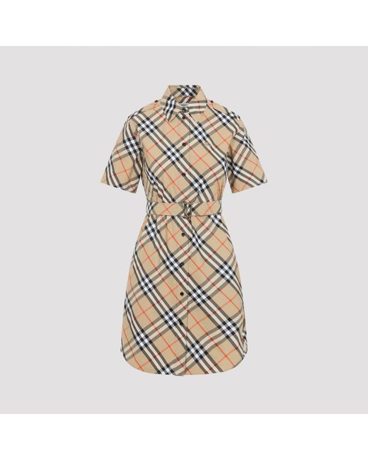 Check Cotton Midi Dress-Donna di Burberry in Natural