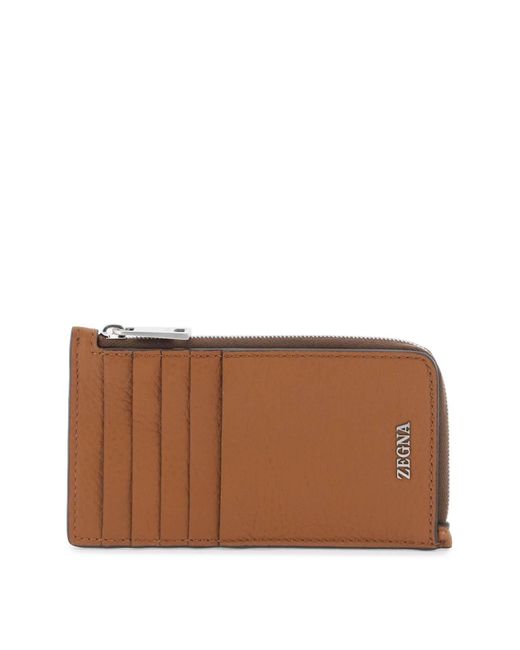 Zegna Brown Grained Leather 10cc Card Holder for men