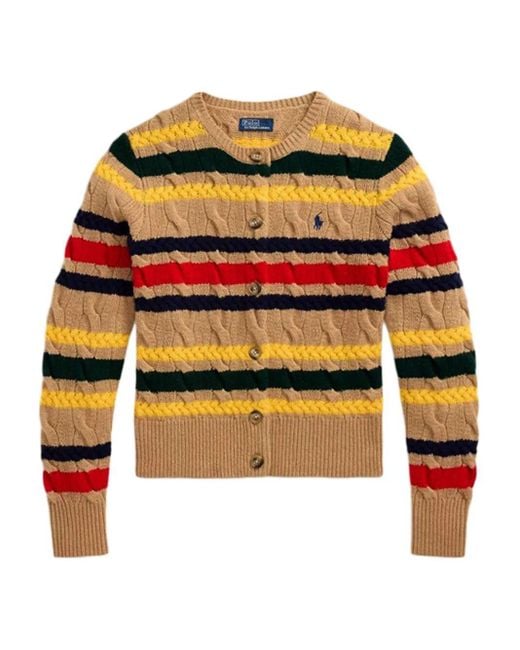 Polo Ralph Lauren Orange Cable-Knit Striped-Pattern Cardigan
