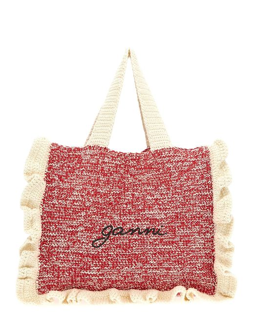 Crochet Shopping Bag Tote Multicolor di Ganni in Red