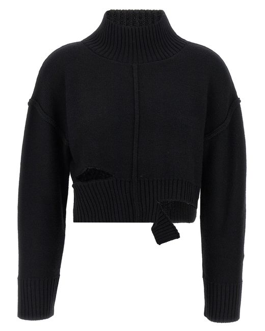 MM6 by Maison Margiela Black Cropped Distressed Sweater With High Neck