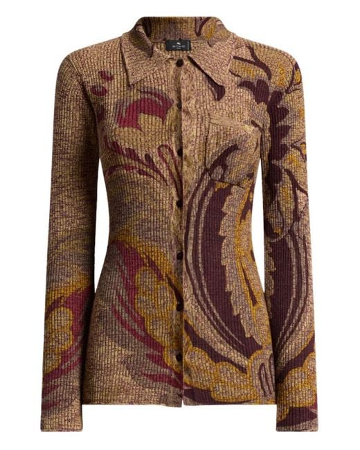 Etro Brown Ribbed Wool Cardigan With Daffodil Motif