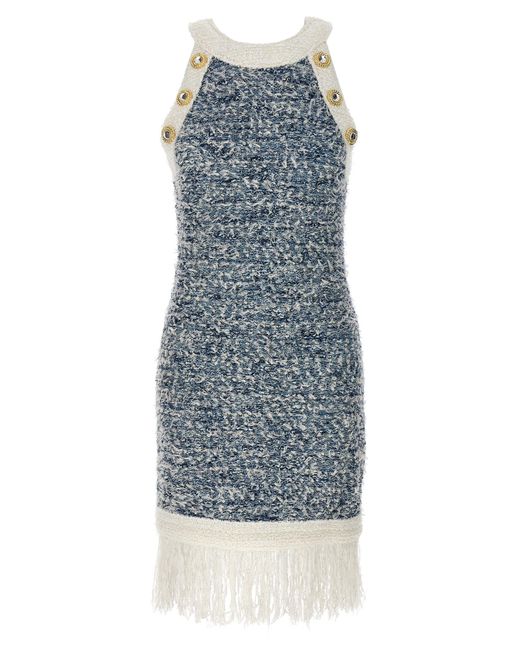 Balmain Blue Fringed Bouclé Tweed Mini Dress