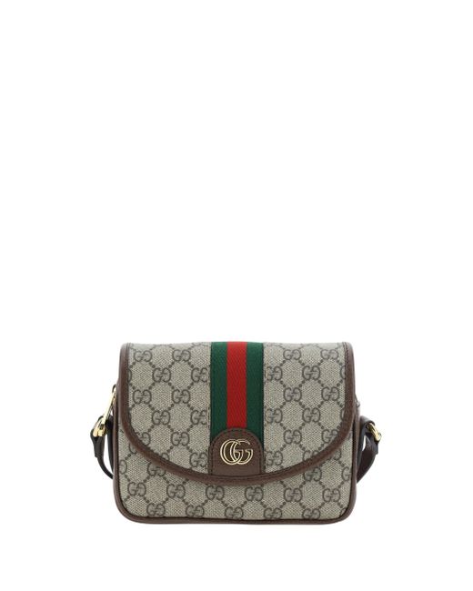 Gucci Gray Gg Supreme Fabric And Leather Shoulder Bag With Frontal Web Band