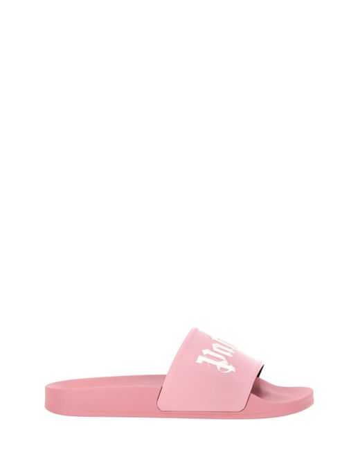 Palm Angels Pink White Logo-print Pool Slides | Lyst