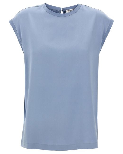 Satin T Shirt Celeste-Donna di Brunello Cucinelli in Blue
