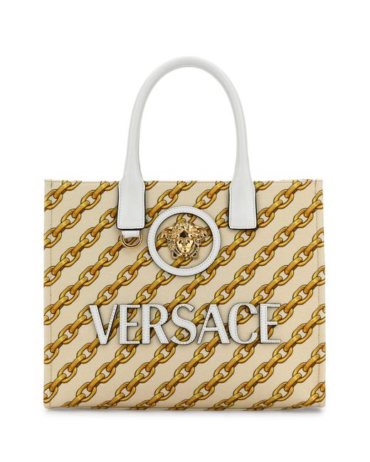 Versace Metallic Printed Canvas Small Chain Stripes La Medusa Shopping Bag