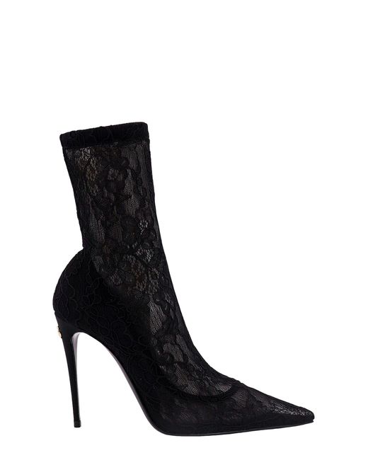 Dolce & Gabbana Black Lollo Lace And Leather Ankle Boots