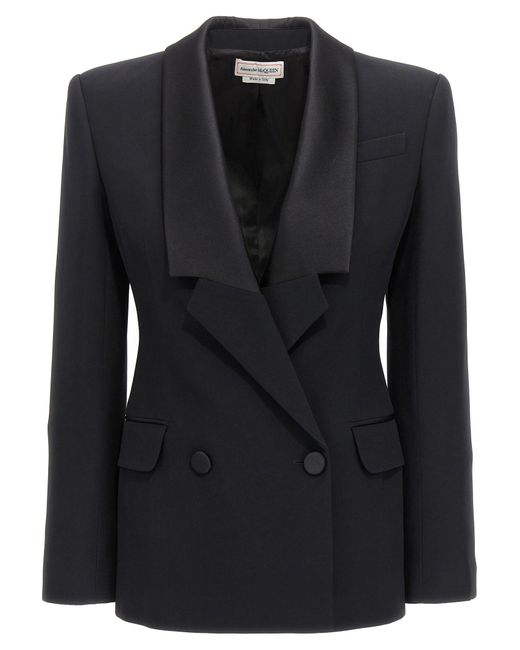 Alexander McQueen Black Double-breasted Blazer With Satin Details Jackets