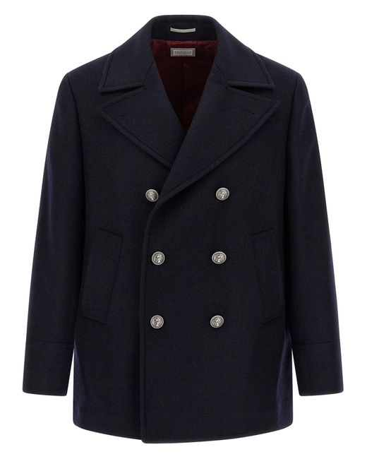 Brunello Cucinelli Blue Double Flannel Caban Coats And Trench Coats for men