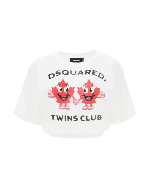 DSquared² Red Cropped T Shirt With Twins Club Print