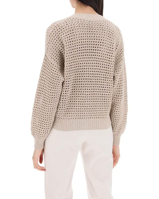 Brunello Cucinelli Natural Knit Cardigan With A Mesh Design