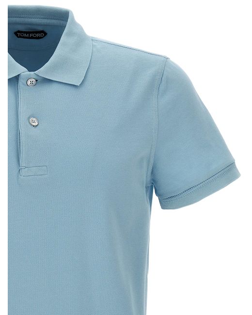 Piqué Cotton Shirt Polo Celeste di Tom Ford in Blue da Uomo