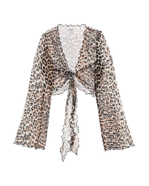 Ganni White Cover Up Cropped Top In Mesh With Leopard Print
